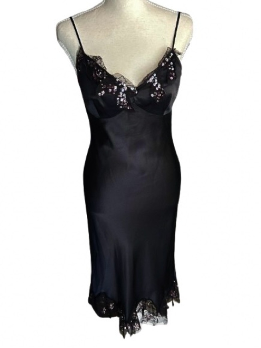 100% Silk Slip Dress CACHE Lace Sequins Y2K 90s Small Medium Designer Vintage
